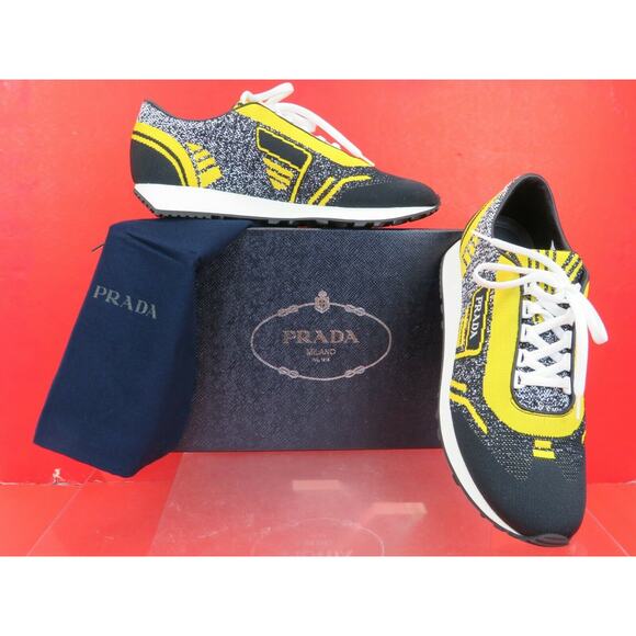 NIB PRADA 2EG272 YELLOW BLACK FABRIC TRAINERS KNIT LOGO LACE UP SNEAKERS 7 US 8 - Picture 2 of 12